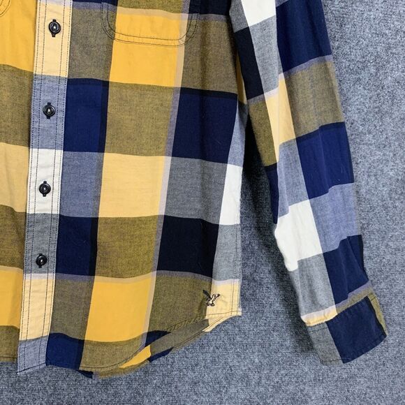 American Eagle Outfitters Button Up Shirt Men M Block Plaid Navy Gold Classic - Picture 4 of 15